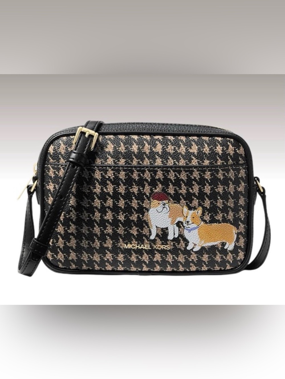 Michael Kors Corgi Bulldog Houndstooth Print Camera Crossbody Bag and dust bag